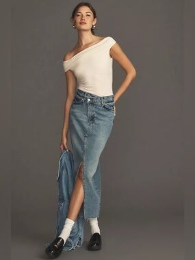 Reformation Nila Long Denim Midi Skirt Galaway Size 23 Organic Cotton Blend